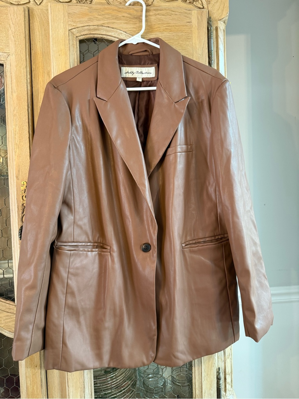 Faux Leather Blazer Jacket - Brown